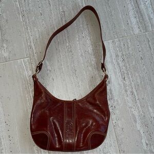 Vintage Marino Orlandi brown leather hobo bag gold hardware plaid interior Italy